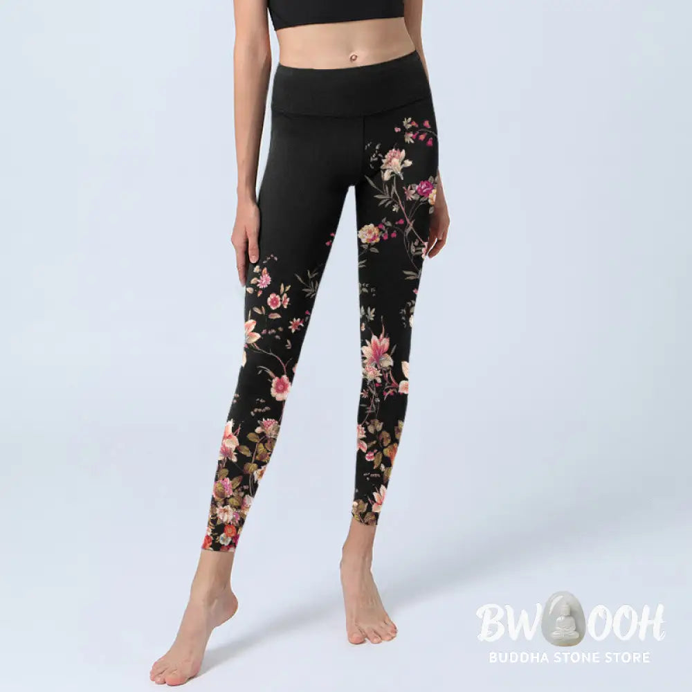 BWOOOH printed yoga leggings - Pink Roses Beige Flowers Print Gym Fitne