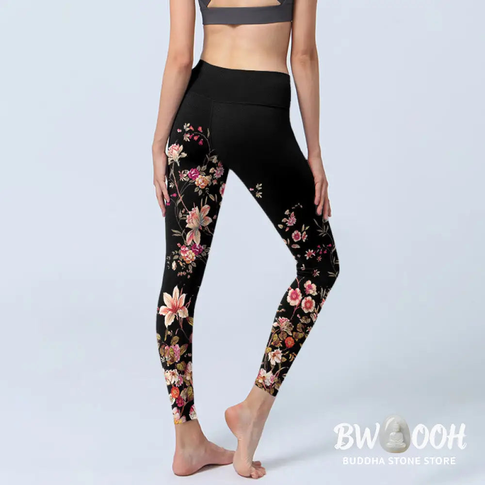BWOOOH printed yoga leggings - Pink Roses Beige Flowers Print Gym Fitne