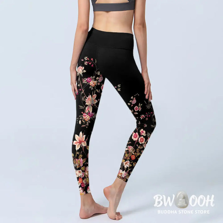 BWOOOH printed yoga leggings - Pink Roses Beige Flowers Print Gym Fitne