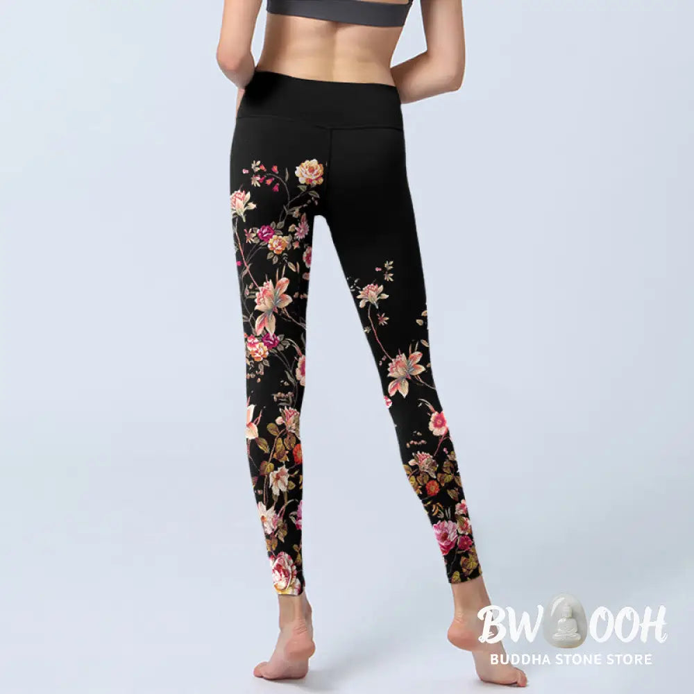 BWOOOH printed yoga leggings - Pink Roses Beige Flowers Print Gym Fitne