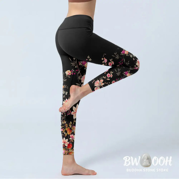 BWOOOH printed yoga leggings - Pink Roses Beige Flowers Print Gym Fitne