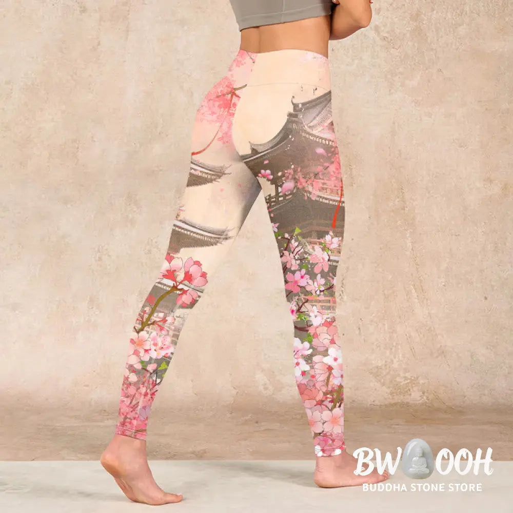BWOOOH printed yoga leggings - Pink Sakura Antique Building Print Fitne