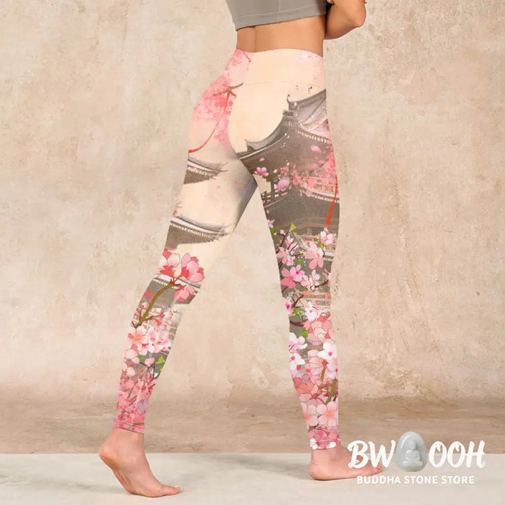 BWOOOH printed yoga leggings - Pink Sakura Antique Building Print Fitne