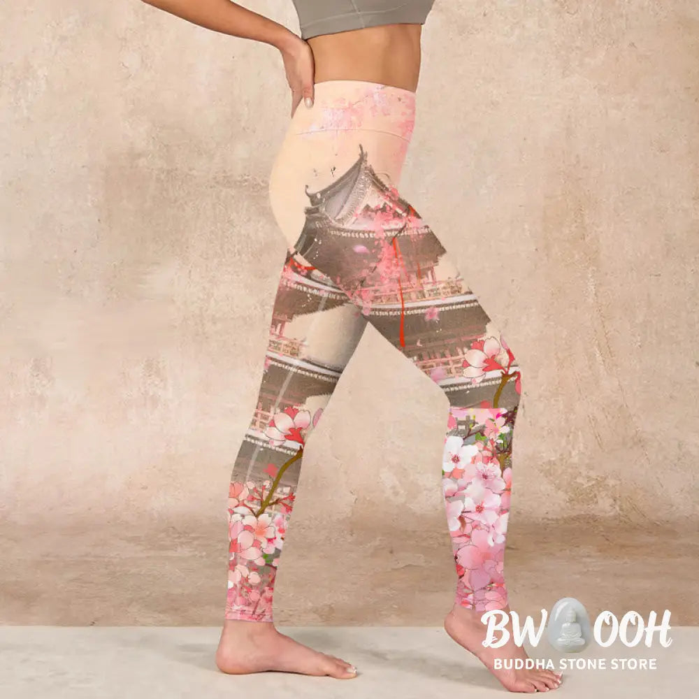 BWOOOH printed yoga leggings - Pink Sakura Antique Building Print Fitne
