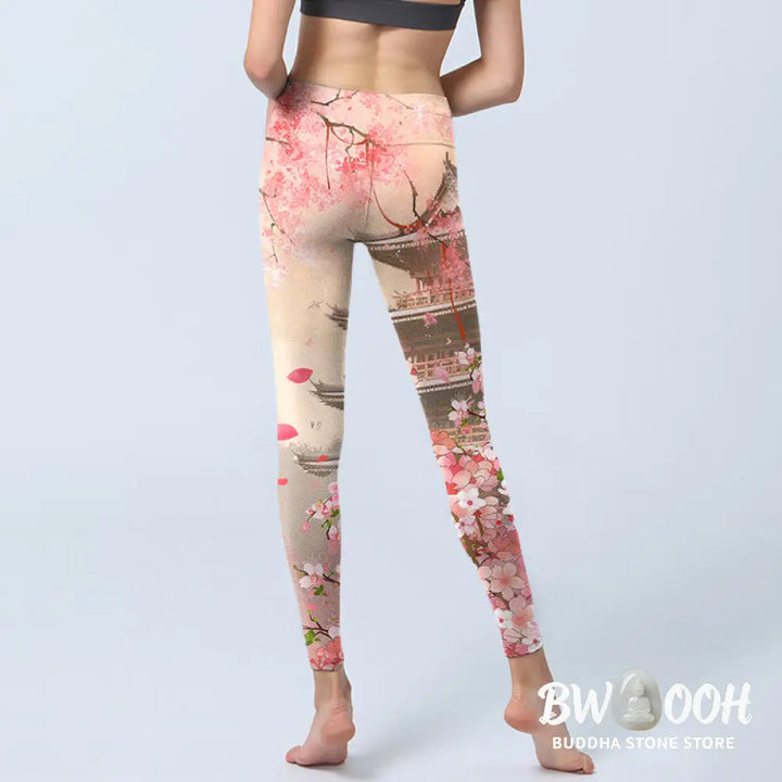 BWOOOH printed yoga leggings - Pink Sakura Antique Building Print Fitne