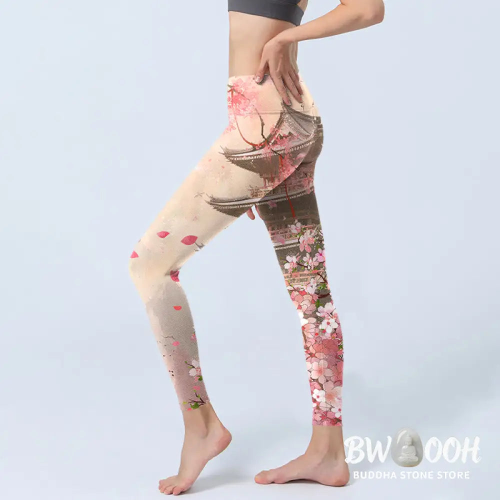 BWOOOH printed yoga leggings - Pink Sakura Antique Building Print Fitne
