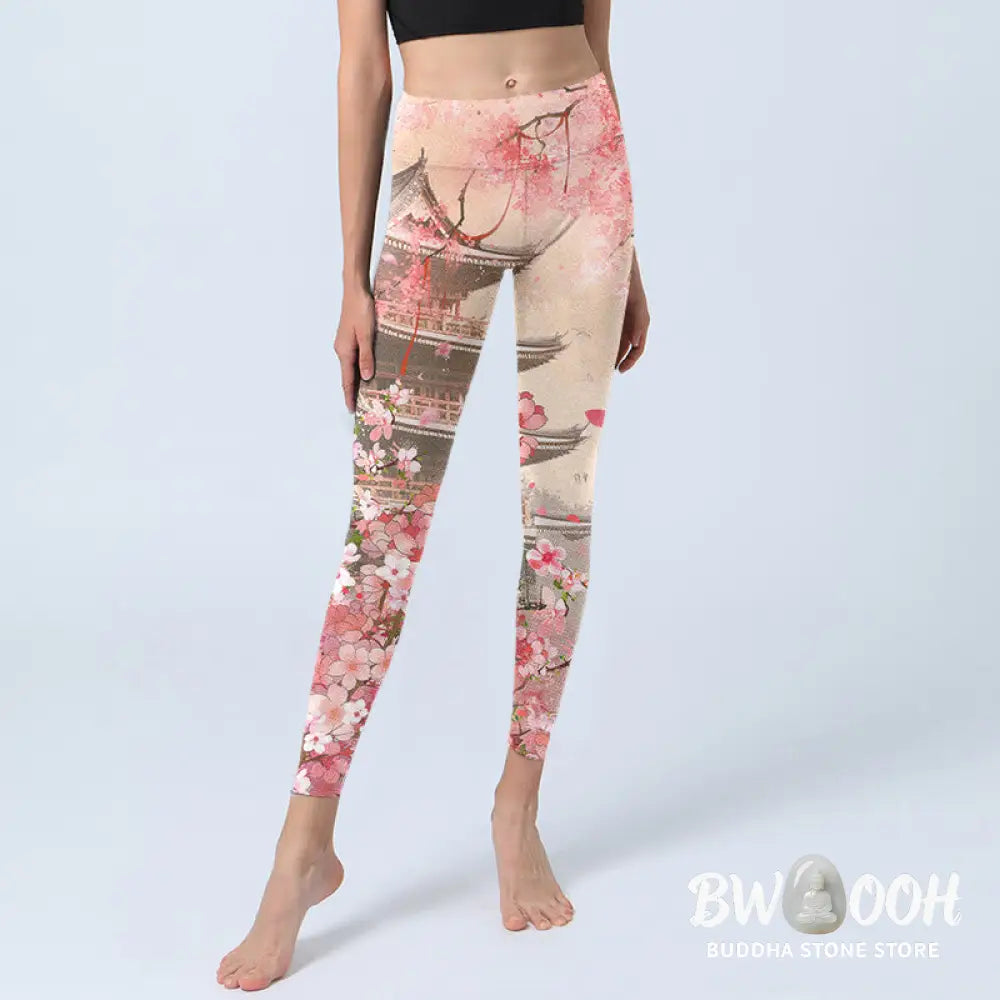 BWOOOH printed yoga leggings - Pink Sakura Antique Building Print Fitne
