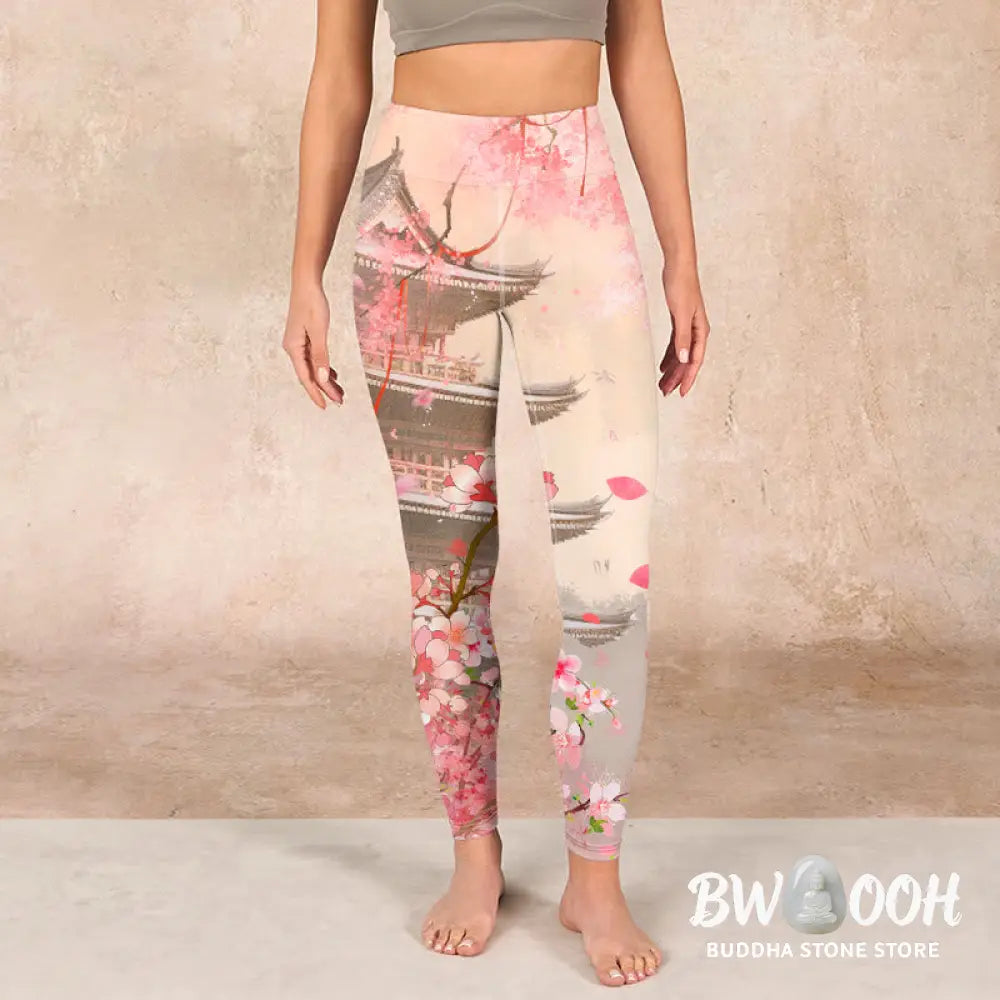 BWOOOH printed yoga leggings - Pink Sakura Antique Building Print Fitne