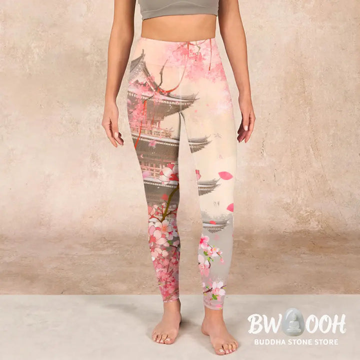 BWOOOH printed yoga leggings - Pink Sakura Antique Building Print Fitne