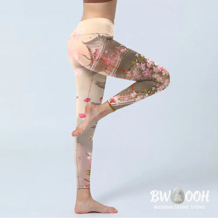 BWOOOH printed yoga leggings - Pink Sakura Antique Building Print Fitne