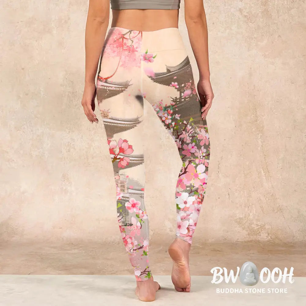 BWOOOH printed yoga leggings - Pink Sakura Antique Building Print Fitne