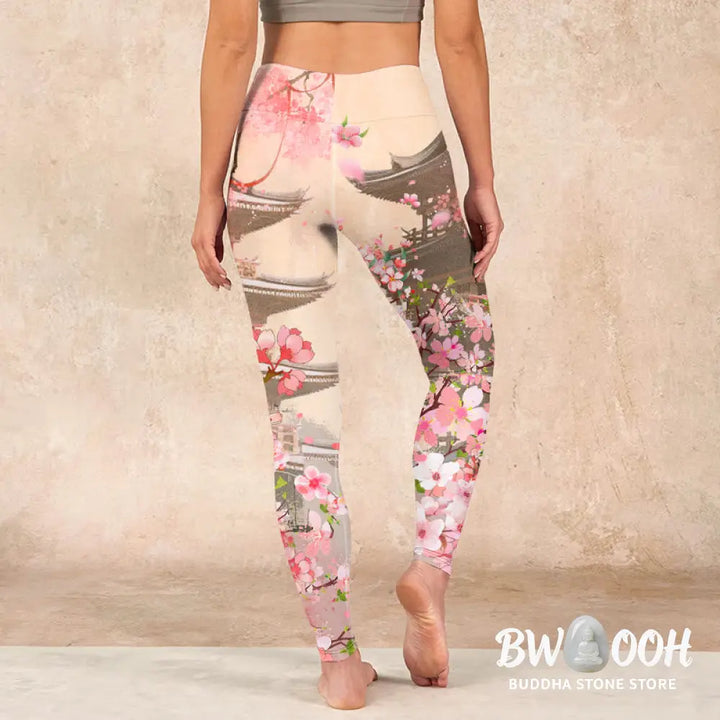 BWOOOH printed yoga leggings - Pink Sakura Antique Building Print Fitne
