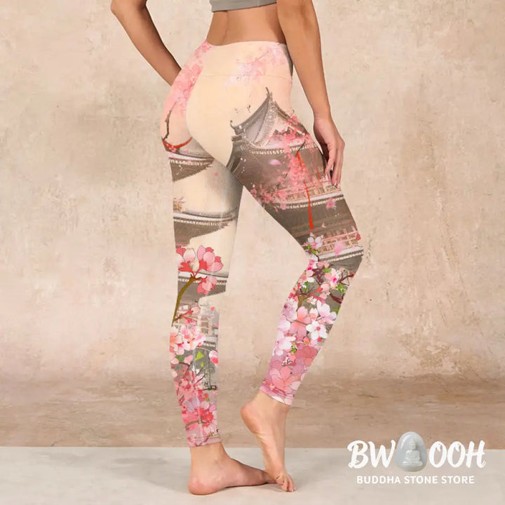 BWOOOH printed yoga leggings - Pink Sakura Antique Building Print Fitne
