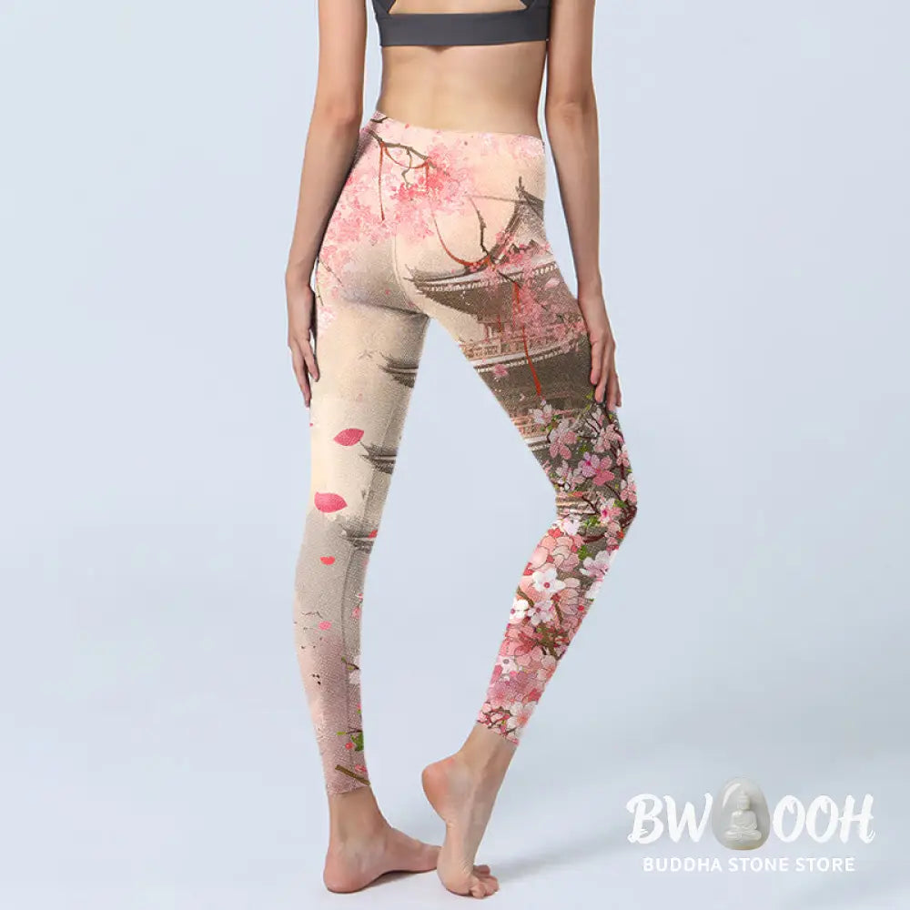 BWOOOH printed yoga leggings - Pink Sakura Antique Building Print Fitne
