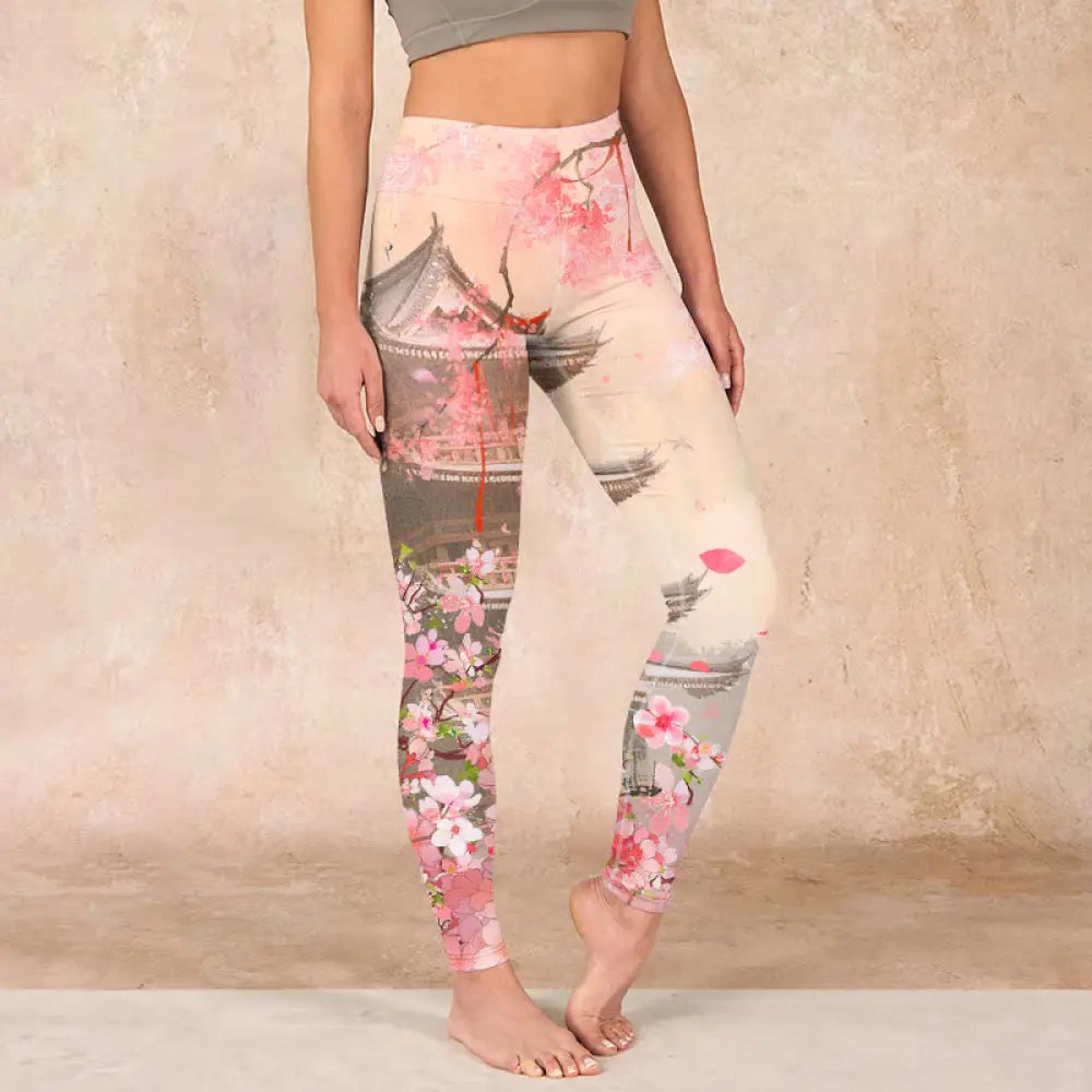 BWOOOH printed yoga leggings - Pink Sakura Antique Building Print Fitne