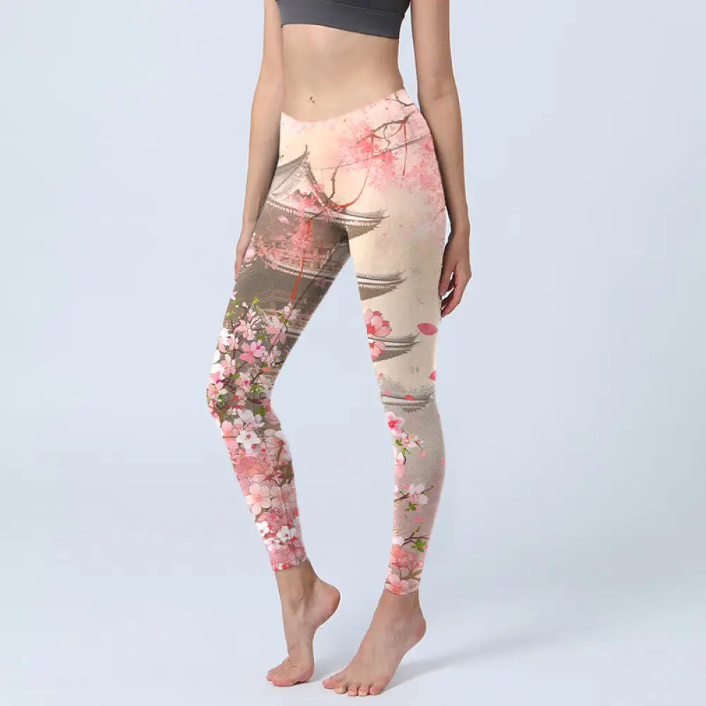 BWOOOH printed yoga leggings - Pink Sakura Antique Building Print Fitne