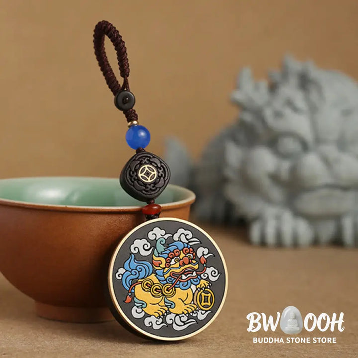 Buddha Stones PiXiu Copper Coin Ebony Wood Luck Attract Wealth Key Chain Decoration - PiXiu(Wealth♥Luck) - Key Chain