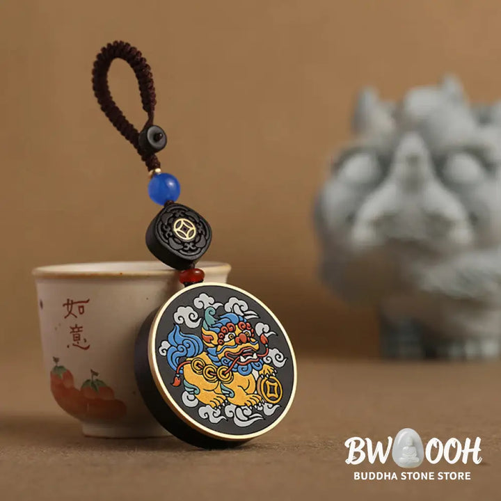 Buddha Stones PiXiu Copper Coin Ebony Wood Luck Attract Wealth Key Chain Decoration - PiXiu(Wealth♥Luck) - Key Chain