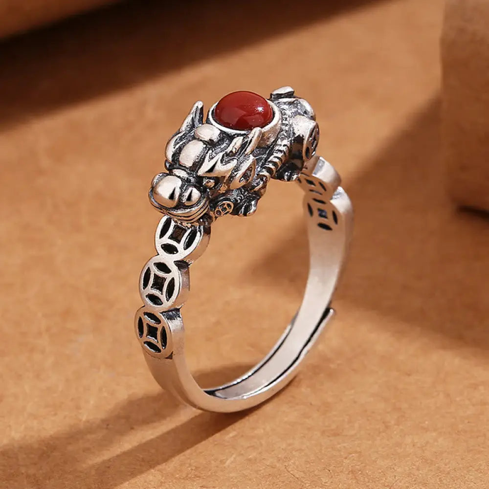 BWOOOH PiXiu Copper Coin Red Agate Wealth Luck Ring — PiXiu feng shui bracelet for spiritual healing and mindful living
