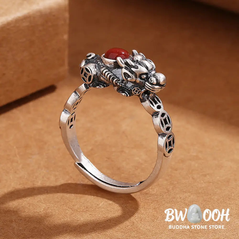 Buddha Stones PiXiu Copper Coin Red Agate Wealth Luck Ring - BWOOOH - PiXiu(Wealth♥Luck) - Ring
