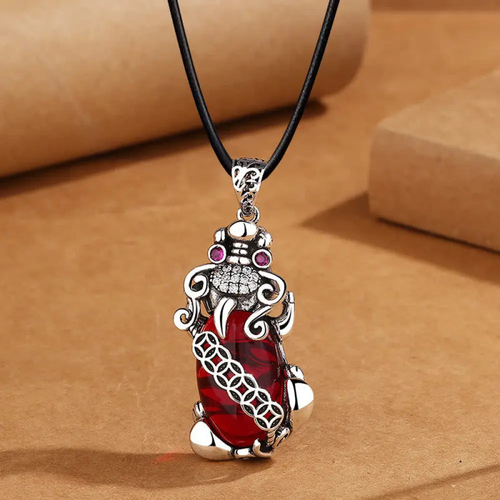 Buddha Stones PiXiu Garnet Copper Coin Wealth Luck Necklace Pendant - BWOOOH - PiXiu&amp;Leather Rope - Necklaces &amp; Pendants