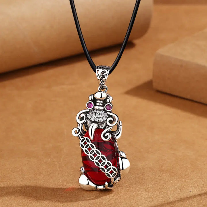 Buddha Stones PiXiu Garnet Copper Coin Wealth Luck Necklace Pendant - BWOOOH - PiXiu&amp;Leather Rope - Necklaces &amp; Pendants