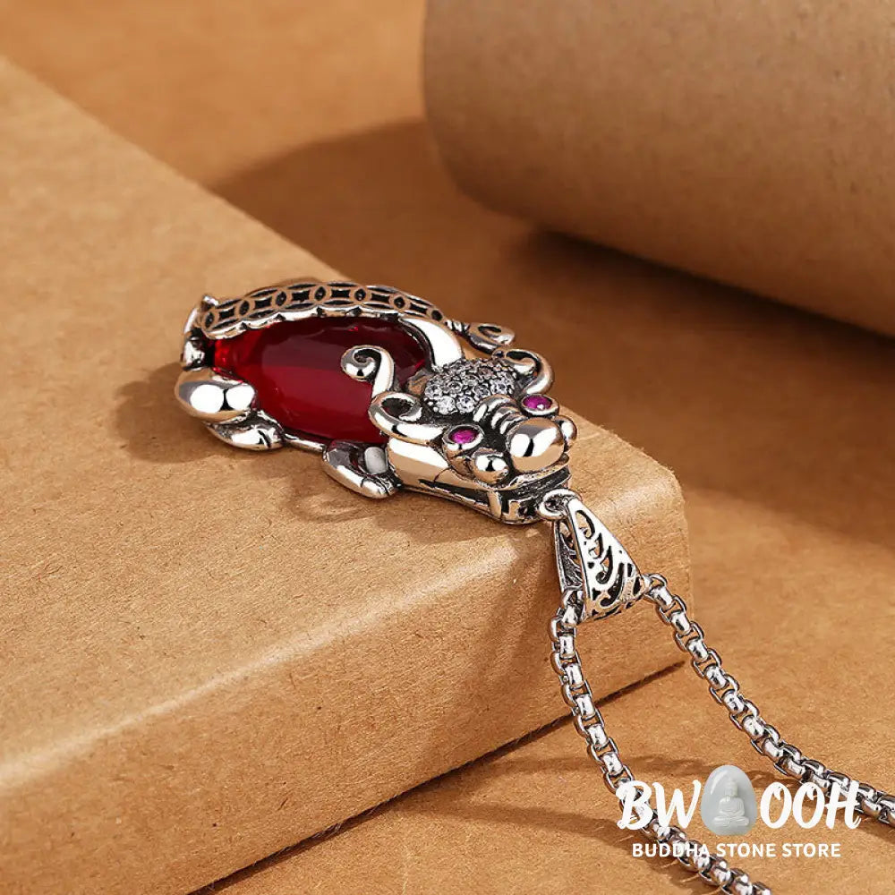 Buddha Stones PiXiu Garnet Copper Coin Wealth Luck Necklace Pendant - BWOOOH - Necklaces &amp; Pendants