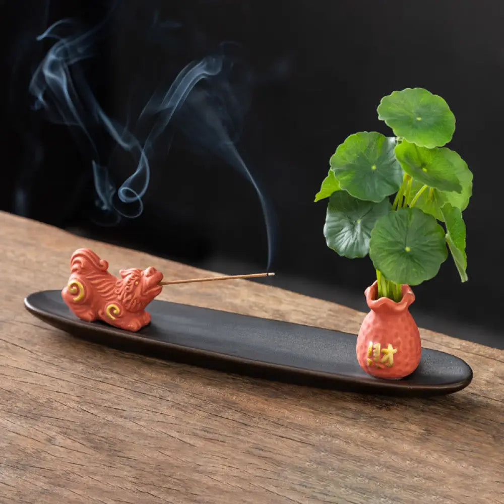Buddha Stones Pixiu Wealth Home Decoration Incense Burner - Orange Pixiu(25.7*7.5*5.8 cm) - Incense Burner
