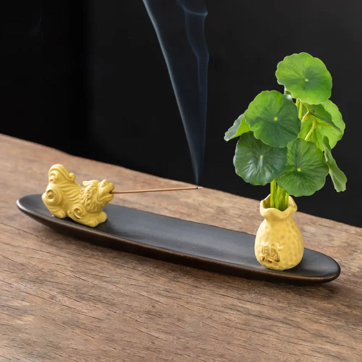Buddha Stones Pixiu Wealth Home Decoration Incense Burner - Yellow Pixiu(25.7*7.5*5.8 cm) - Incense Burner
