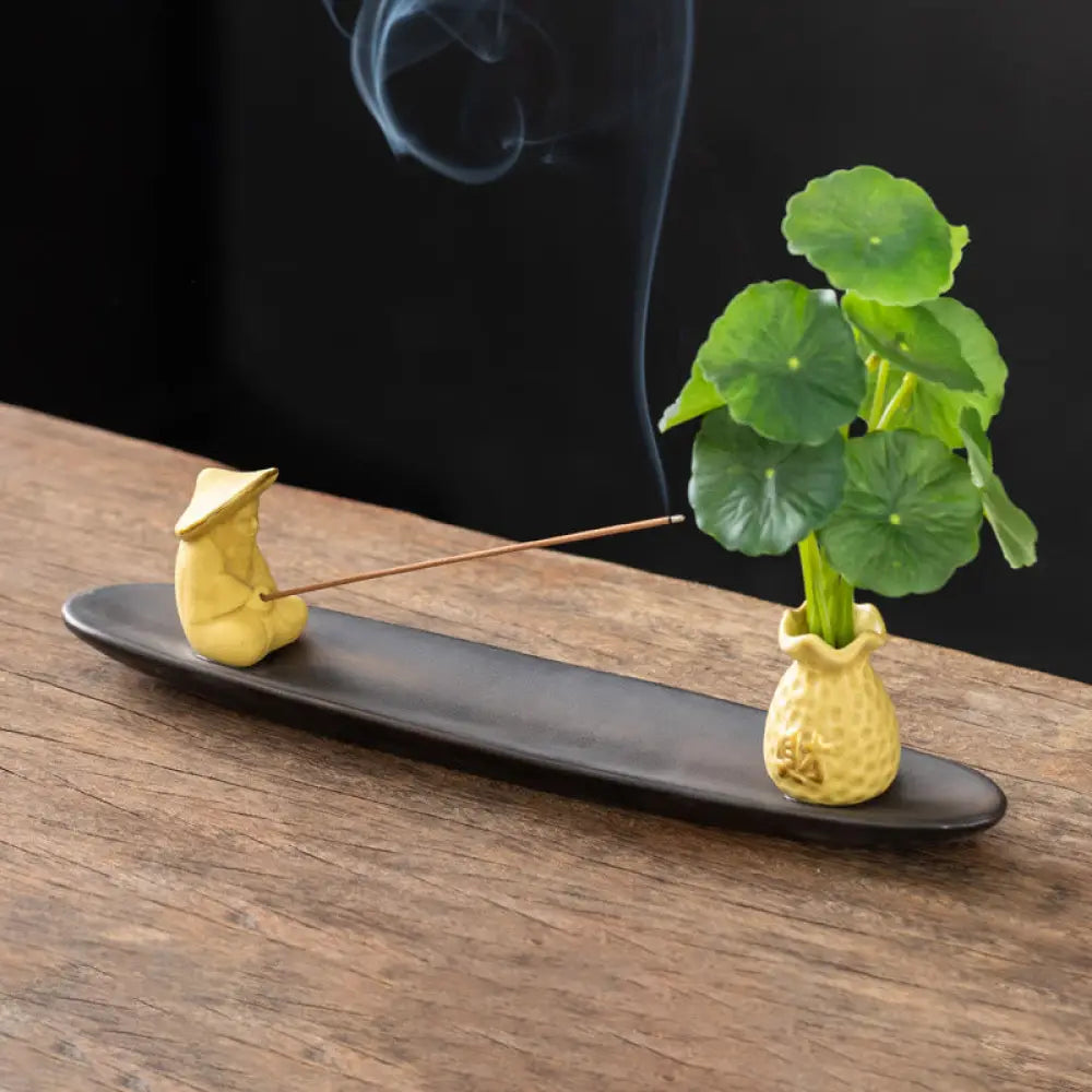 Buddha Stones Pixiu Wealth Home Decoration Incense Burner - Yellow Fisherman(25.7*7.5*5.8 cm) - Incense Burner