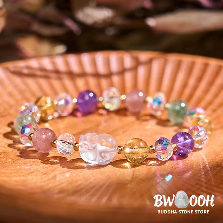 Buddha Stones PiXiu White Crystal Citrine Green Strawberry Quartz Amethyst Luck Bracelet - BWOOOH - Various