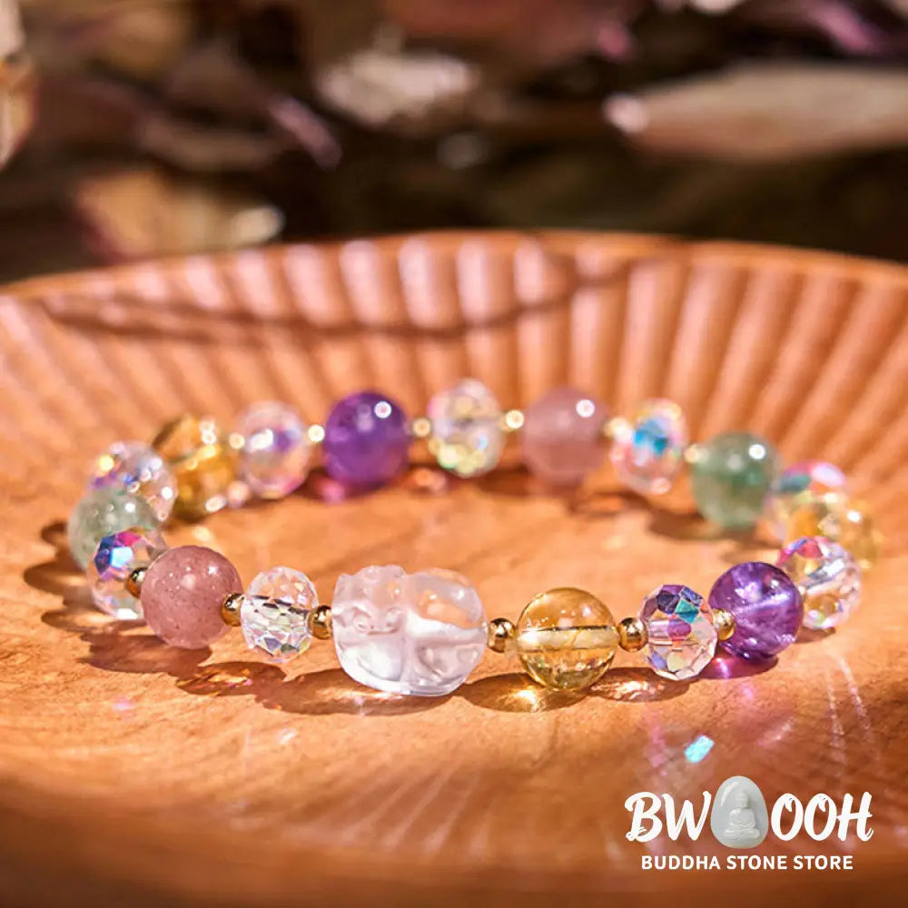 Buddha Stones PiXiu White Crystal Citrine Green Strawberry Quartz Amethyst Luck Bracelet - BWOOOH - Various