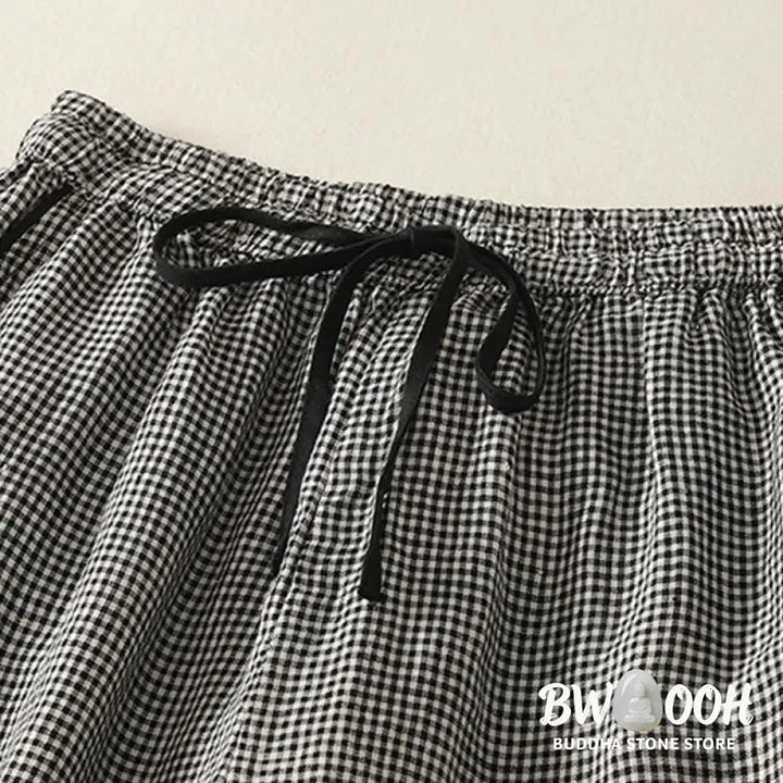 Buddha Stones Plaid Pattern Drawstring Women’s Cotton Linen Harem Pants With Pockets - Women’s Harem Pants