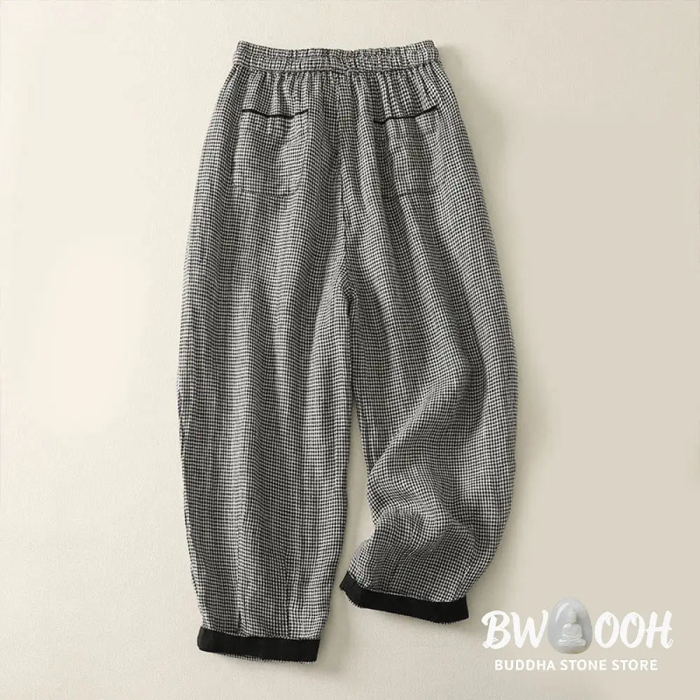 Buddha Stones Plaid Pattern Drawstring Women’s Cotton Linen Harem Pants With Pockets - Women’s Harem Pants