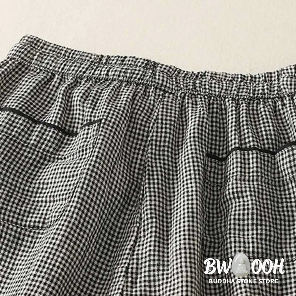 Buddha Stones Plaid Pattern Drawstring Women’s Cotton Linen Harem Pants With Pockets - Women’s Harem Pants