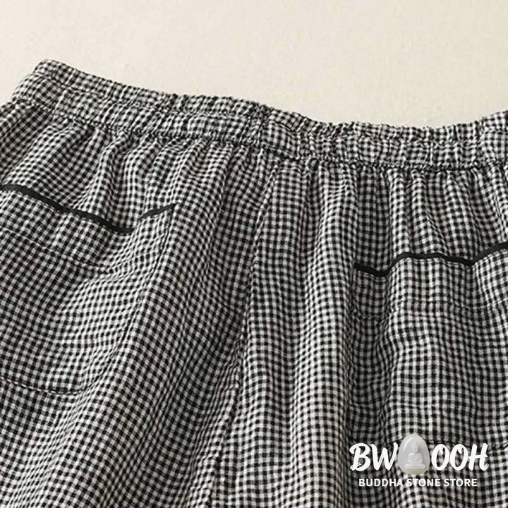 Buddha Stones Plaid Pattern Drawstring Women’s Cotton Linen Harem Pants With Pockets - Women’s Harem Pants