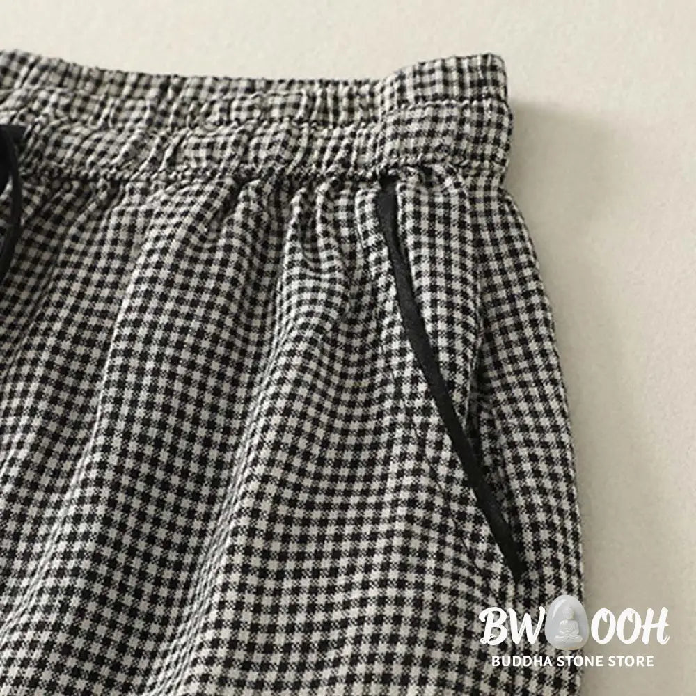 Buddha Stones Plaid Pattern Drawstring Women’s Cotton Linen Harem Pants With Pockets - Women’s Harem Pants