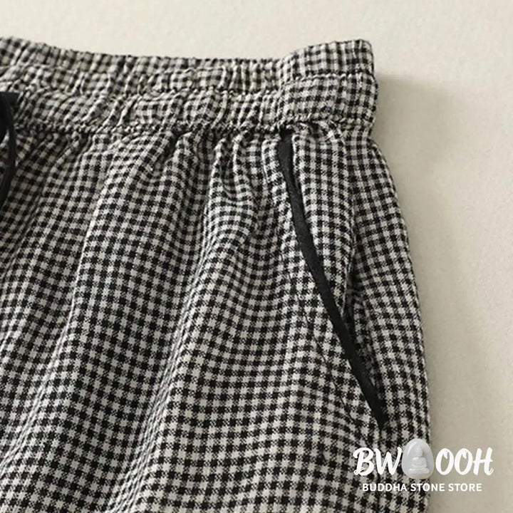 Buddha Stones Plaid Pattern Drawstring Women’s Cotton Linen Harem Pants With Pockets - Women’s Harem Pants