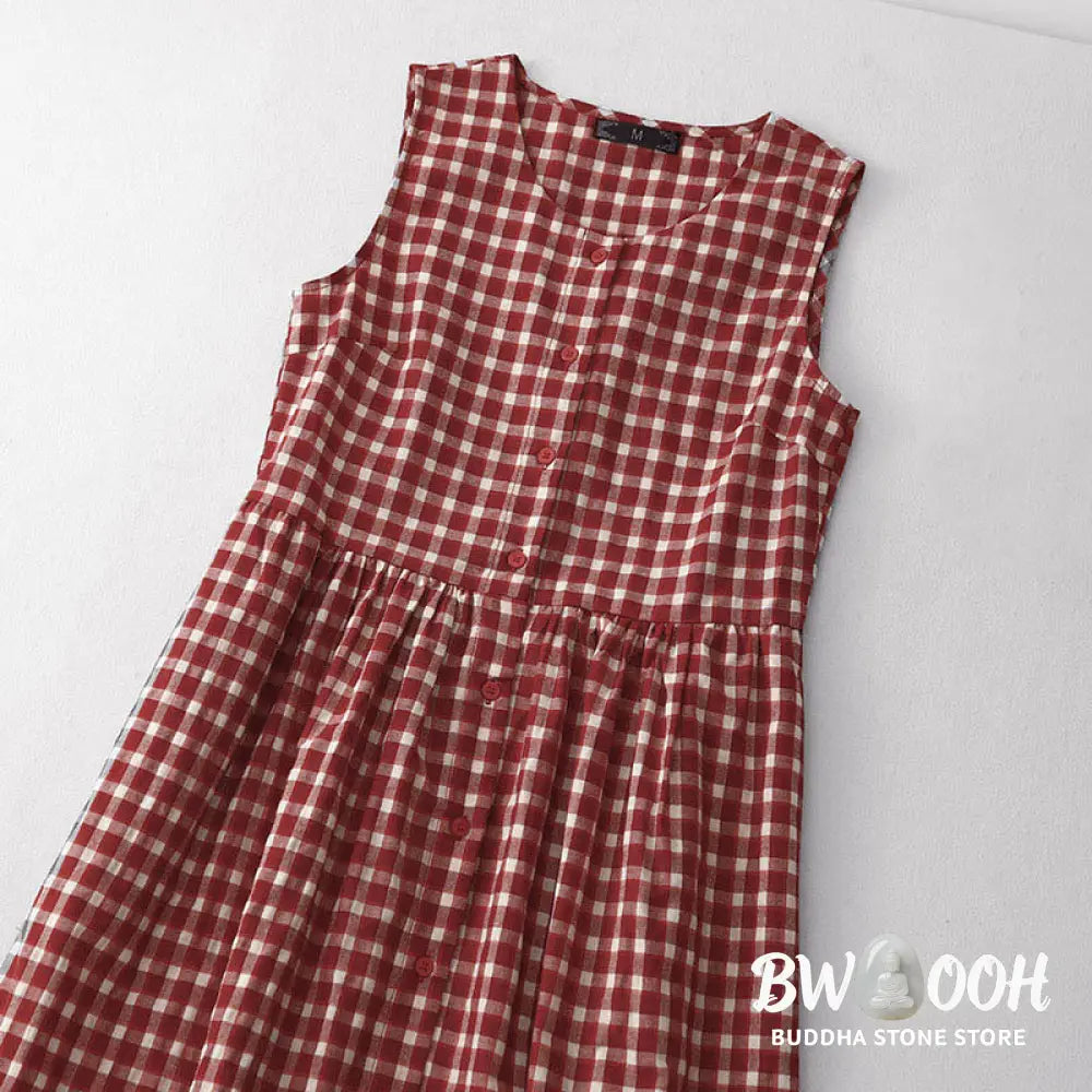 Buddha Stones Plaid Sleeveless Summer Midi Dress With Pockets - Midi Dress