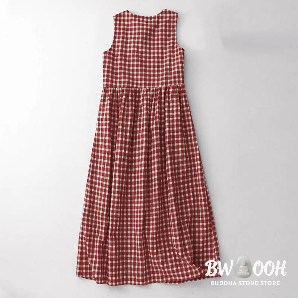 Buddha Stones Plaid Sleeveless Summer Midi Dress With Pockets - Midi Dress