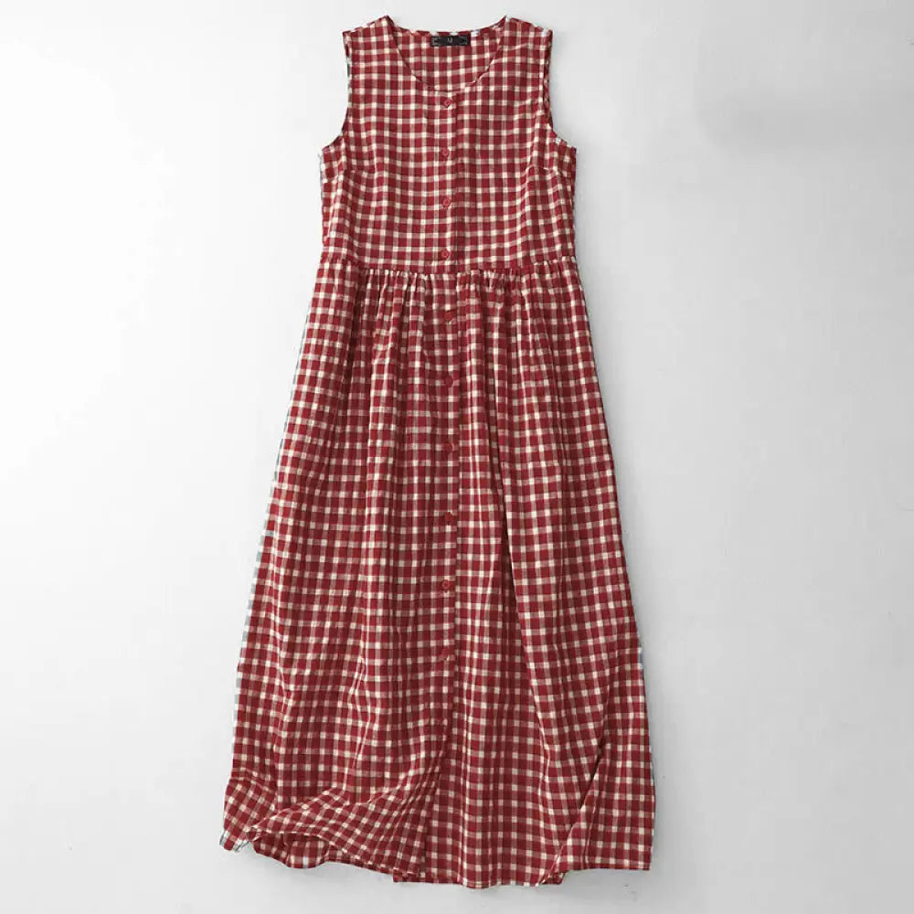 BWOOOH Plaid Sleeveless Summer Midi Dress With Pockets