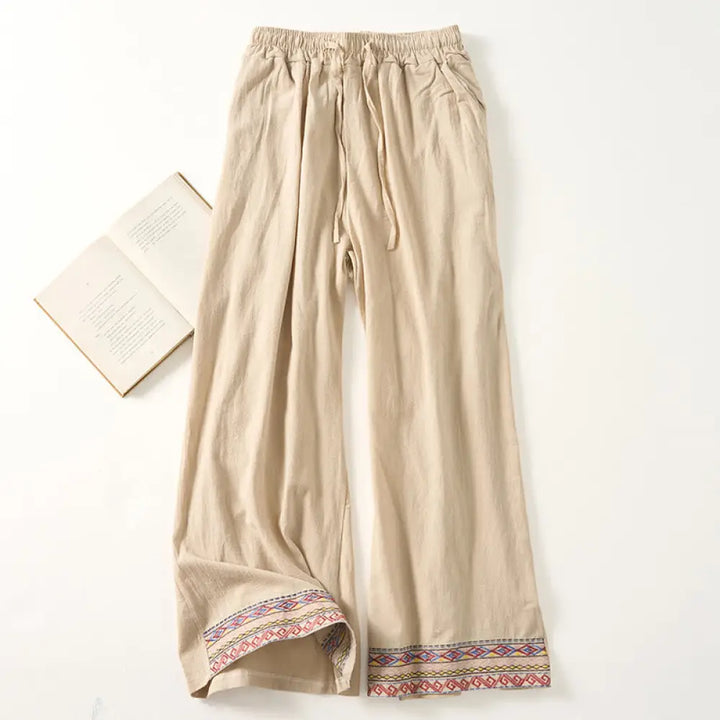 Buddha Stones Plain Bohemian Stripes Women’s Wide Leg Pants With Pockets - Beige / US2，UK/AU6，EU34 (L) - Women’s Wide