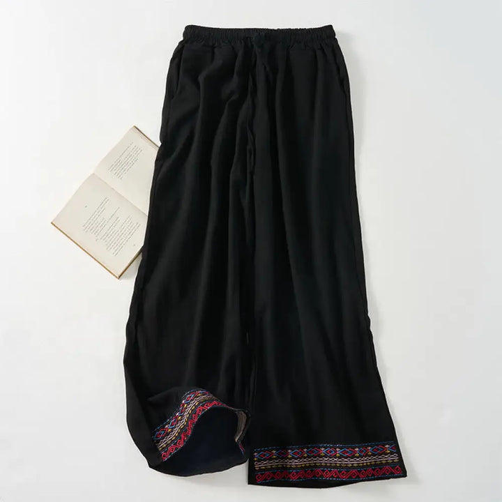 Buddha Stones Plain Bohemian Stripes Women’s Wide Leg Pants With Pockets - Black / US2，UK/AU6，EU34 (L) - Women’s Wide
