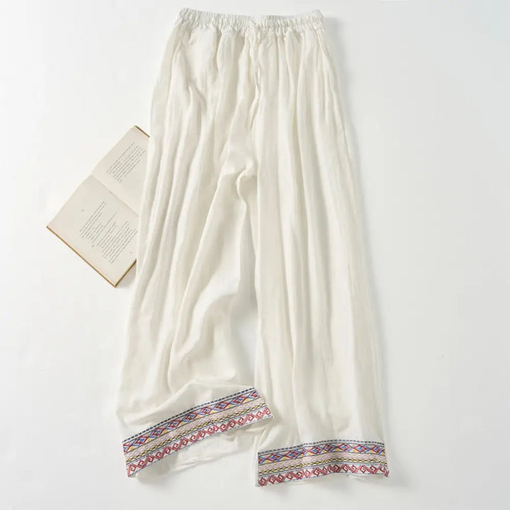 Buddha Stones Plain Bohemian Stripes Women’s Wide Leg Pants With Pockets - White / US2，UK/AU6，EU34 (L) - Women’s Wide