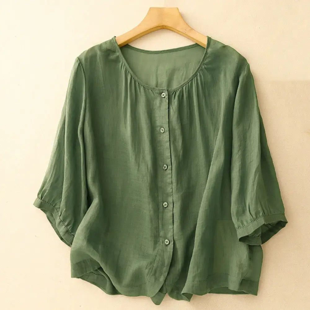 Buddha Stones Plain Button Crew Neck Design Women’s Blend Three Quarter Sleeve Shirt - Green / US4，UK/AU8，EU36 (M)
