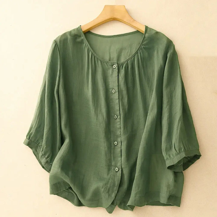 Buddha Stones Plain Button Crew Neck Design Women’s Blend Three Quarter Sleeve Shirt - Green / US4，UK/AU8，EU36 (M)