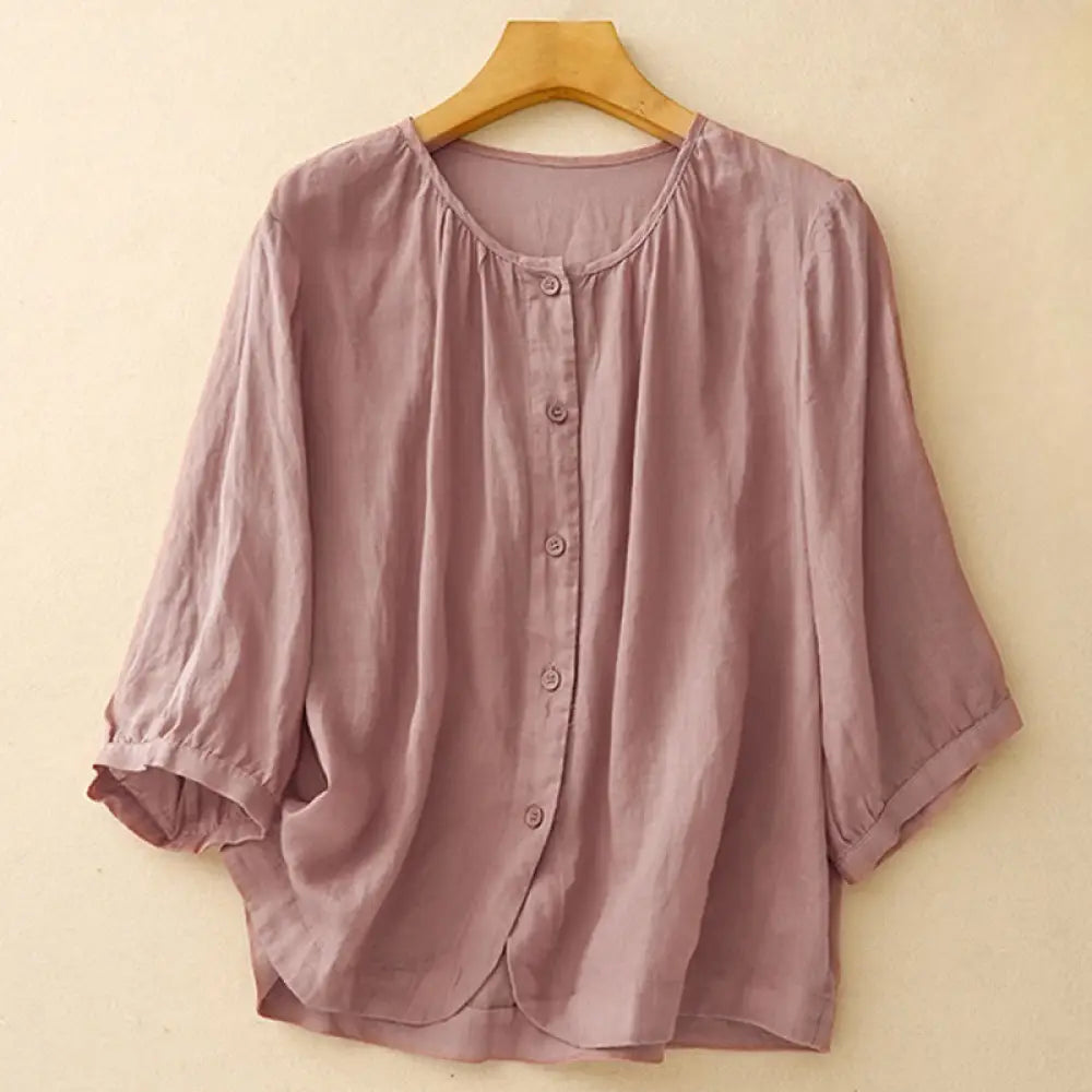 Buddha Stones Plain Button Crew Neck Design Women’s Blend Three Quarter Sleeve Shirt - PaleVioletRed / US4，UK/AU8，EU36