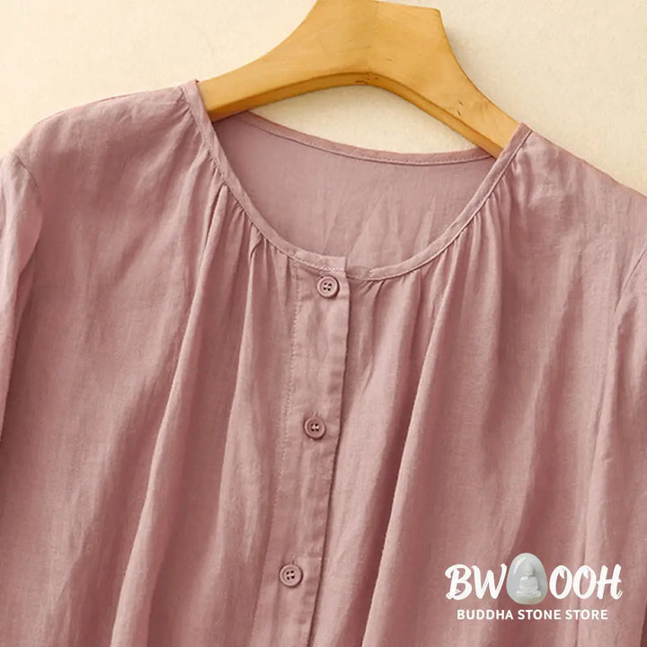 Buddha Stones Plain Button Crew Neck Design Women’s Blend Three Quarter Sleeve Shirt - Women’s Shirts
