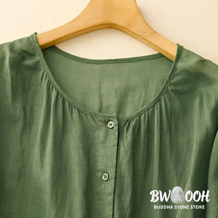 Buddha Stones Plain Button Crew Neck Design Women’s Blend Three Quarter Sleeve Shirt - Women’s Shirts