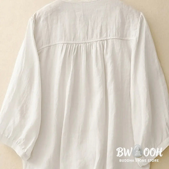 Buddha Stones Plain Button Crew Neck Design Women’s Blend Three Quarter Sleeve Shirt - Women’s Shirts